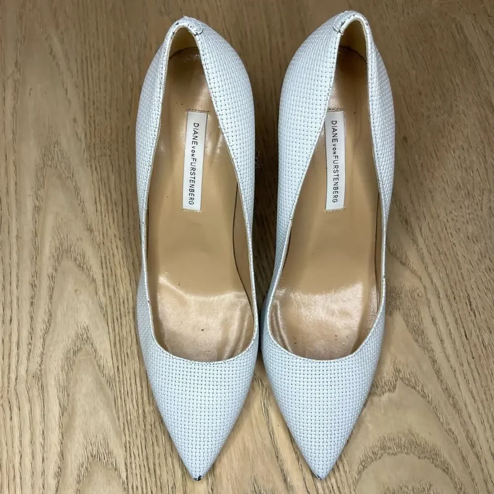 Diane Von Furstenberg White Woven Leather Heels Pointed Toe Pumps Women’s 8.5 - Picture 6 of 12